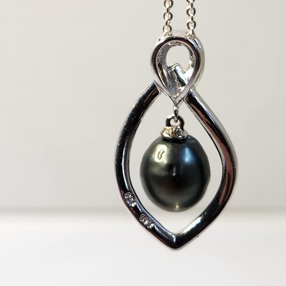 VTG 925 10mm Floating Tahitian Cultured Pearl Pave Dangle Drop Pendant Necklace - Picture 1 of 11